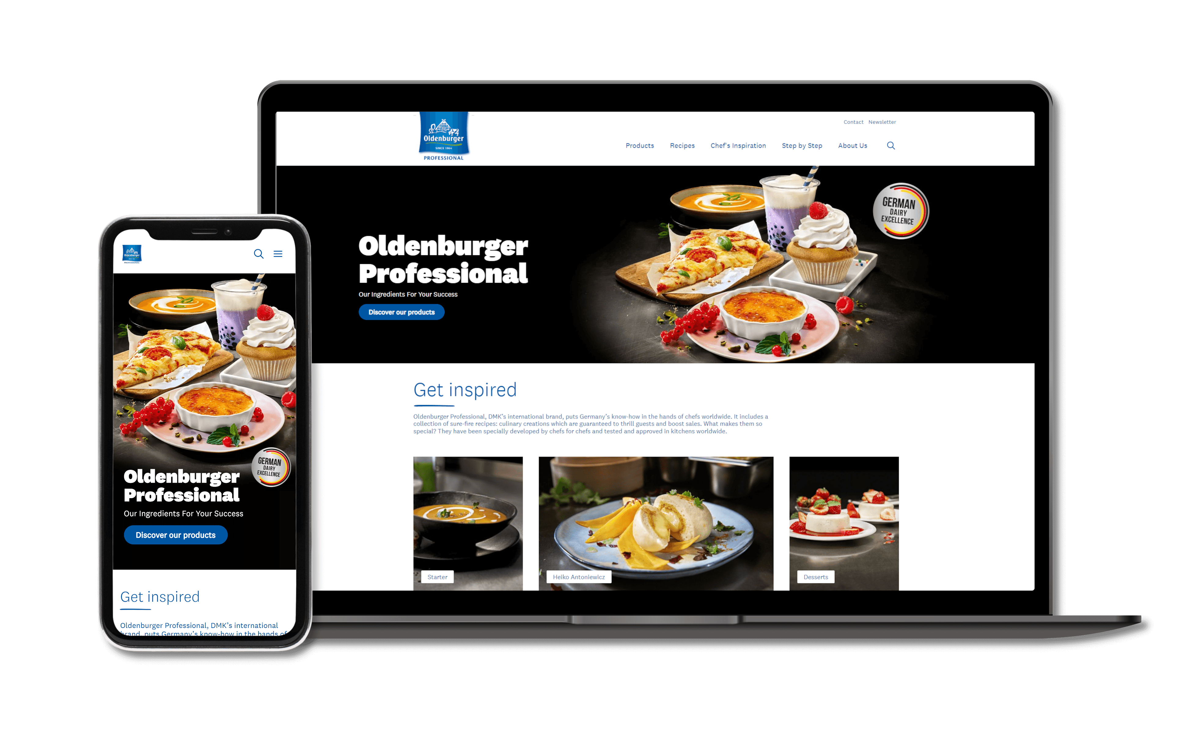 Oldenburger Professional, ein Kunde von iMi digital, nutzt Shopware für seine internationale E-Commerce-Präsenz, mit übersichtlicher Darstellung der Produkte, Rezepte und Inspirationen für Köche weltweit.